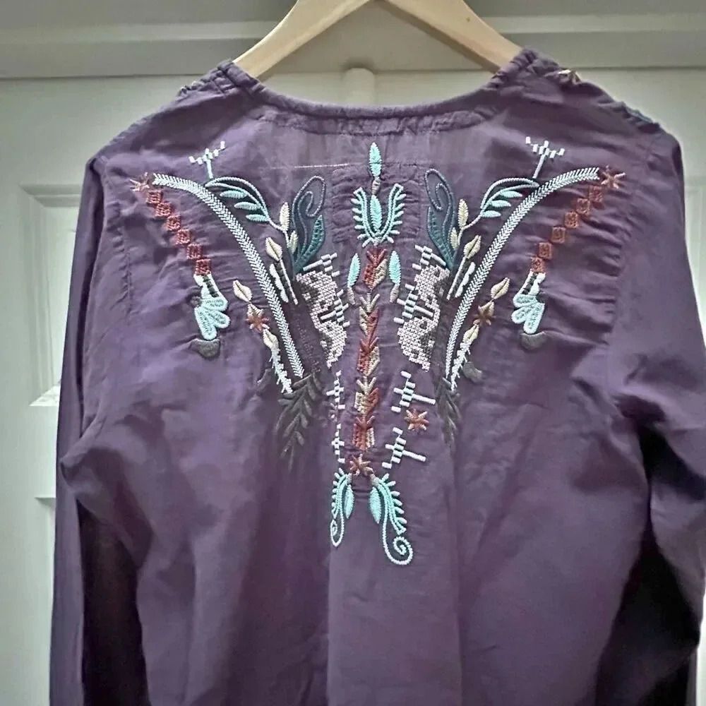 BIYA x JOHNNY WAS | Purple 100% Cotton Embroidered Tunic Top Boho Soft | Small - Picture 5 of 6